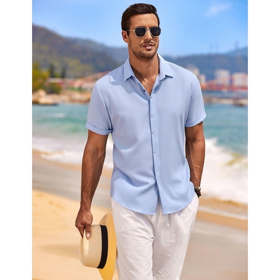 COOFANDY Men's Linen Shirts Short Sleeve Casual Shirt Button Down Shirt for Men Beach Summer Wedding Shirt