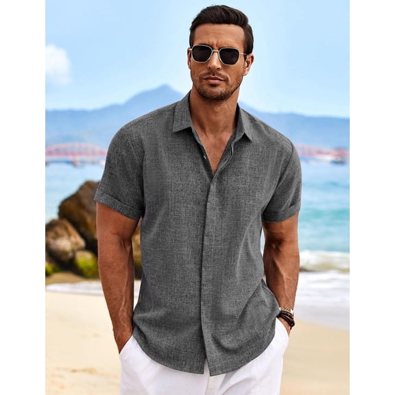 COOFANDY Men's Linen Shirts Short Sleeve Casual Shirt Button Down Shirt for Men Beach Summer Wedding Shirt