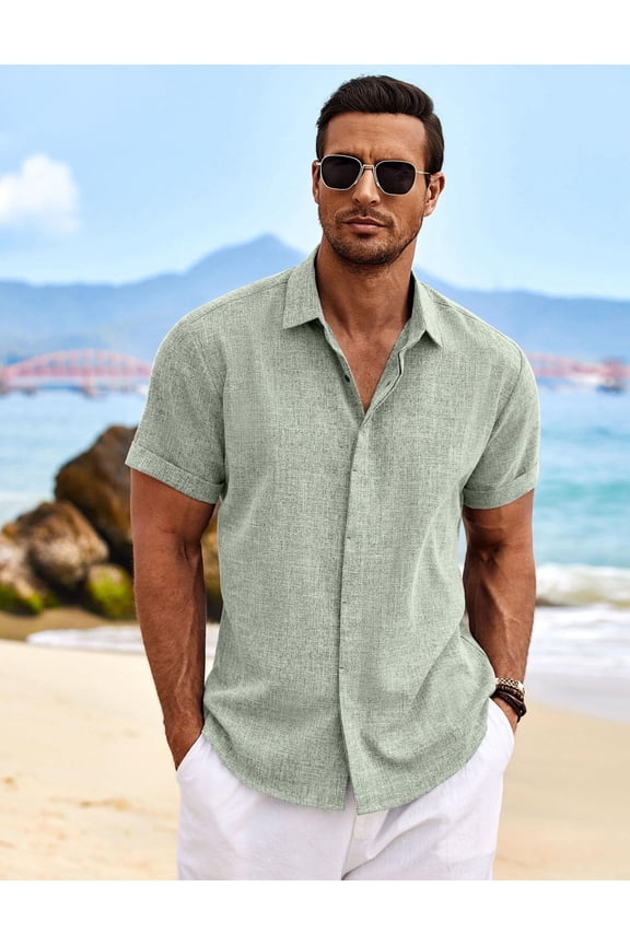 Men's Linen Shirts Short Sleeve Casual Shirt Button Down Shirt for Men Beach Summer Wedding Shirt