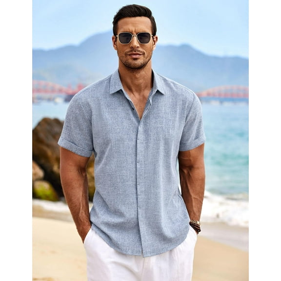 COOFANDY Men's Linen Shirts Short Sleeve Casual Shirt Button Down Shirt for Men Beach Summer Wedding Shirt