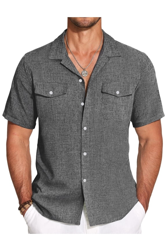 Men's Casual Short Sleeve Cotton Linen Guayabera Beach Wear Wrinkle Free Shirt Lightweight Hemp Shirts