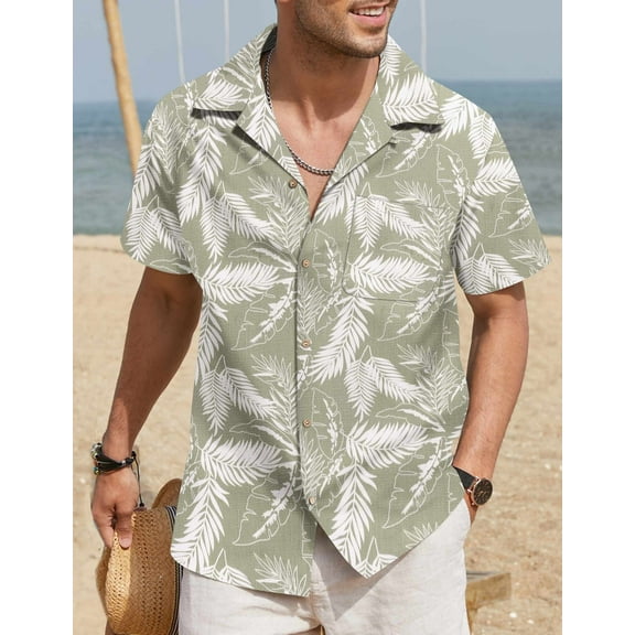 COOFANDY Men's Linen Short Sleeve Shirt Button Down Casual Summer Shirt Front Pocket A-green- Palm Leaf L