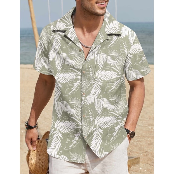 COOFANDY Men's Linen Short Sleeve Shirt Button Down Casual Summer Shirt Front Pocket A-green- Palm Leaf M
