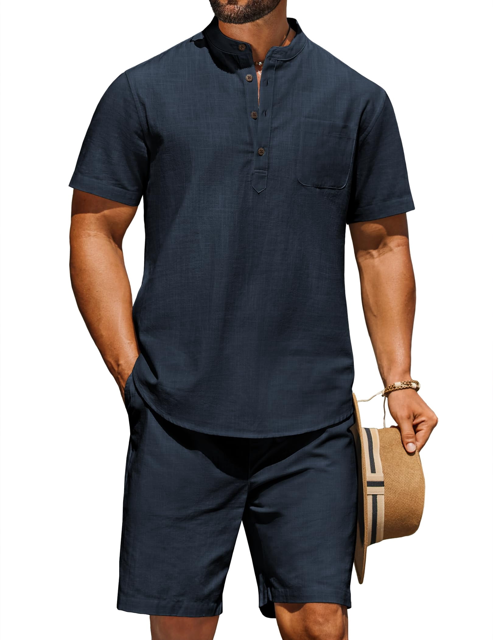 COOFANDY Men's Linen Shorts and Shirt Set Two Piece Beach Outfit for ...