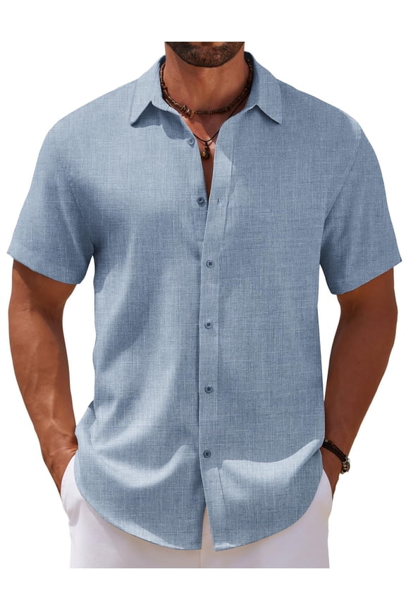 Men's Linen Textured Shirts Button Up Short Sleeve Casual Summer Shirts Beach Vacation Regular Fit Shirt