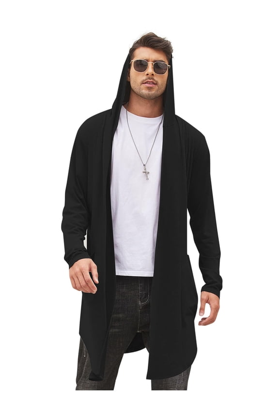 Men's Long Hooded Cardigan Shawl Collar Lightweight Open Front Drape Cape Overcoat with Pockets