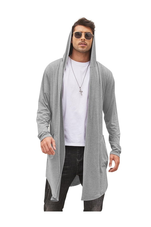 Men's Long Hooded Cardigan Shawl Collar Lightweight Open Front Drape Cape Overcoat with Pockets