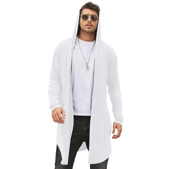COOFANDY Men's Long Hooded Cardigan Shawl Collar Lightweight Open Front Drape Cape Overcoat with Pockets