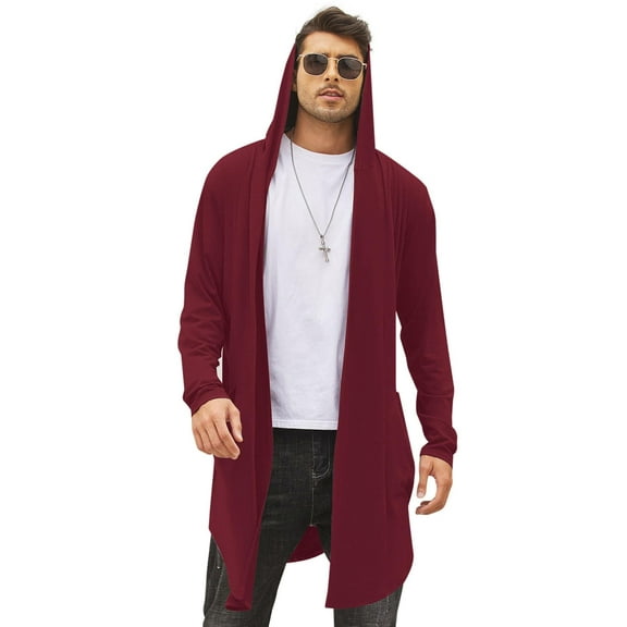 COOFANDY Men's Long Hooded Cardigan Shawl Collar Lightweight Open Front Drape Cape Overcoat with Pockets