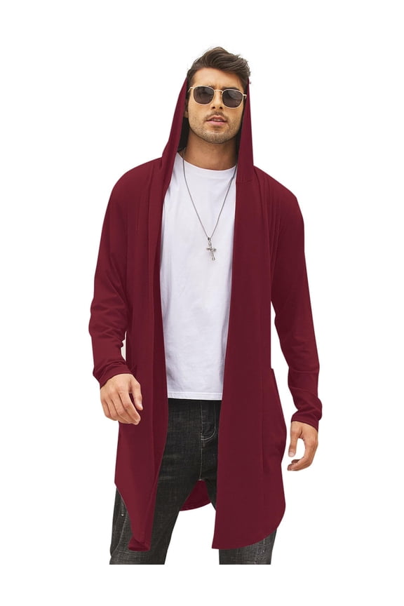 Men's Long Hooded Cardigan Shawl Collar Lightweight Open Front Drape Cape Overcoat with Pockets