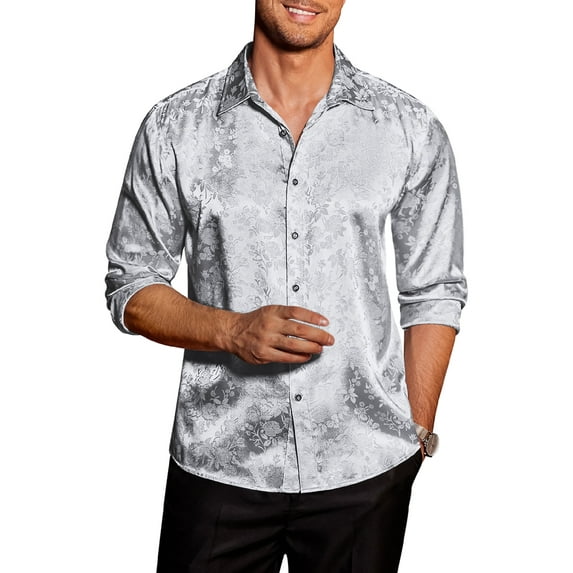 Coshow Men's Long Sleeve Button Down Silk Satin Shirt Floral Design Shirt Casual Party Prom and Wedding Shirt