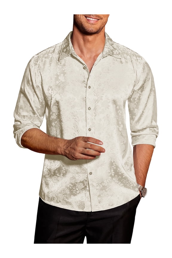 Men's Long Sleeve Button Down Silk Satin Shirt Floral Design Shirt Casual Party Prom and Wedding Shirt