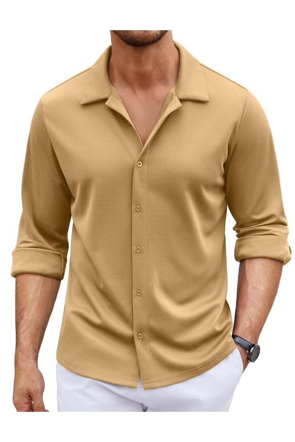Men's Long Sleeve Button Down Wrinkle Free Dress Shirt Business Casual Untucked Stretch Muscle Fit Shirts