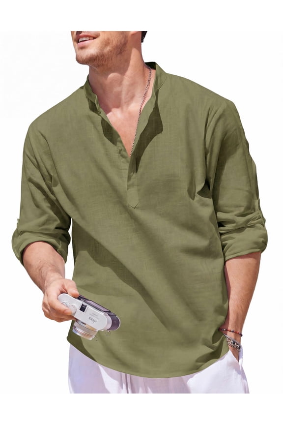 Men's Long Sleeve Cotton Linen Henley T-Shirt - Hippie Casual Beach Tee