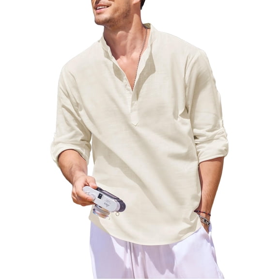 COOFANDY Men's Long Sleeve Cotton Linen Henley T-Shirt - Hippie Casual Beach Tee