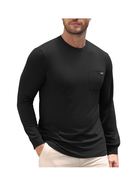 Men's Long Sleeve Crew Neck T-Shirt with Pocket, Loose Soft Stretch Basic Tee Shirts, Casual Cotton Jersey, Breathable, Moisture-Wicking, Regular Fit for Daily, Work, Travel, Layering