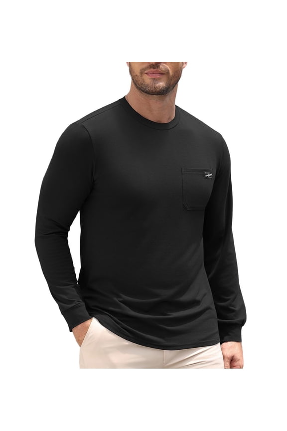 Men's Long Sleeve Crew Neck T-Shirt with Pocket, Loose Soft Stretch Basic Tee Shirts, Casual Cotton Jersey, Breathable, Moisture-Wicking, Regular Fit for Daily, Work, Travel, Layering