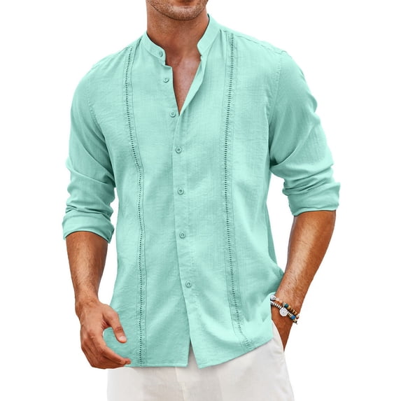COOFANDY Men's Long Sleeve Cuban Guayabera Shirt Relax Fit Casual Summer Beach Button Down Shirts