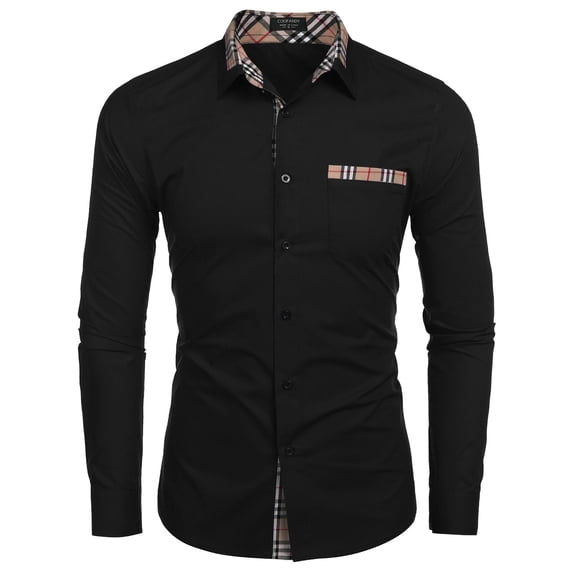 COOFANDY Men's Long Sleeve Dress Shirt Plaid Collar Casual Button Down Shirts Black XL