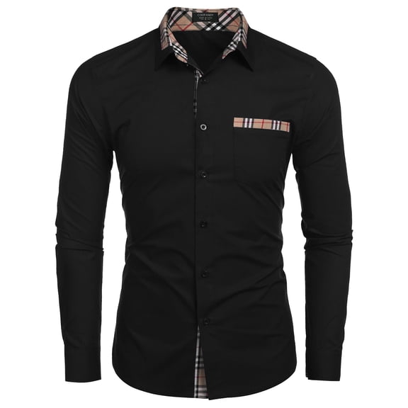 COOFANDY Men's Long Sleeve Dress Shirt Plaid Collar Casual Button Down Shirts Black XXL
