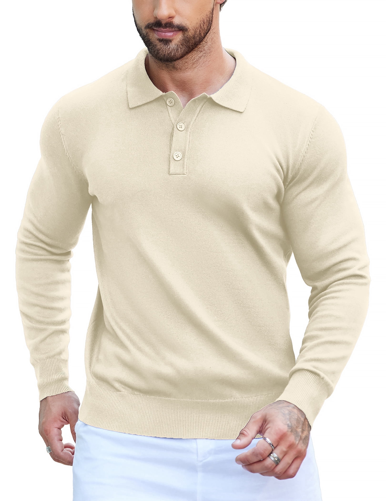 COOFANDY Men's Classic Polo Shirts Long Sleeve Casual Dress Shirts Fitted Business Shirts Denim Blue