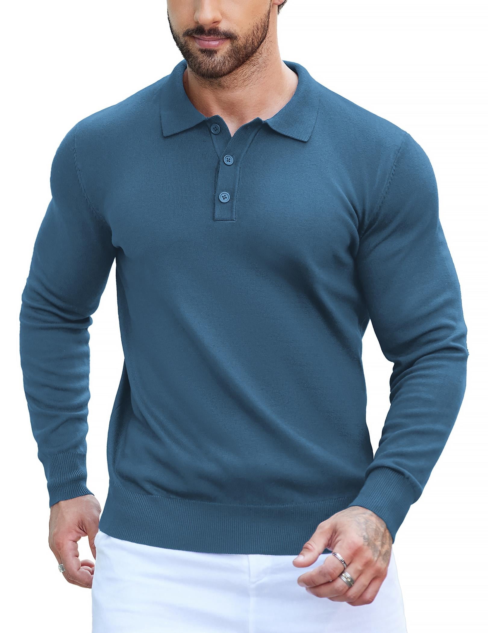 COOFANDY Mens Knit Polo Shirts Casual Long Sleeve Classic Polo Shirts Button Down Golf Shirts Cream