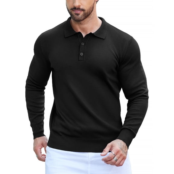 COOFANDY Men's Long Sleeve Knit Polo Shirt, Slim Fit, Solid Color Polo Shirt