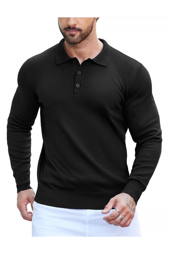 Men's Long Sleeve Knit Polo Shirt, Slim Fit, Solid Color Polo Shirt