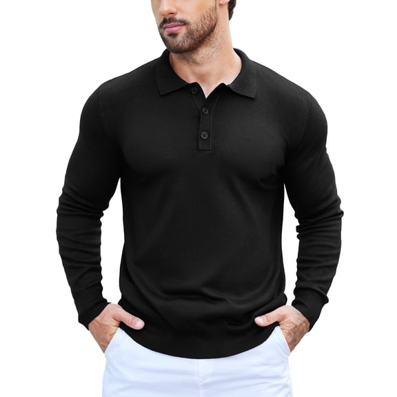 COOFANDY Men's Long Sleeve Knit Polo Shirt, Slim Fit, Solid Color Polo Shirt