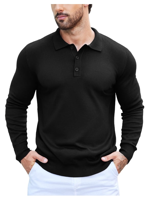 Men's Long Sleeve Knit Polo Shirt, Slim Fit, Solid Color Polo Shirt