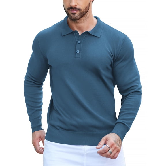 COOFANDY Men's Long Sleeve Knit Polo Shirt, Slim Fit, Solid Color Polo Shirt