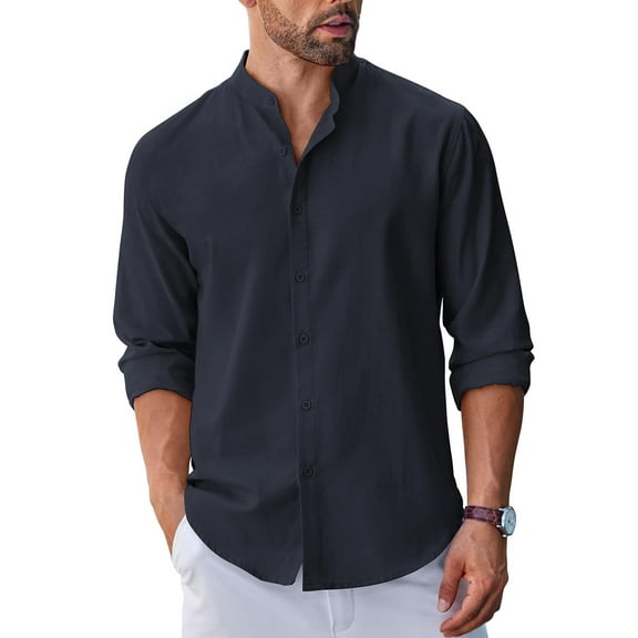 COOFANDY Men's Long Sleeve Oxford Dress Shirts Chambray Button Down Shirt Casual Band Collar Shirts