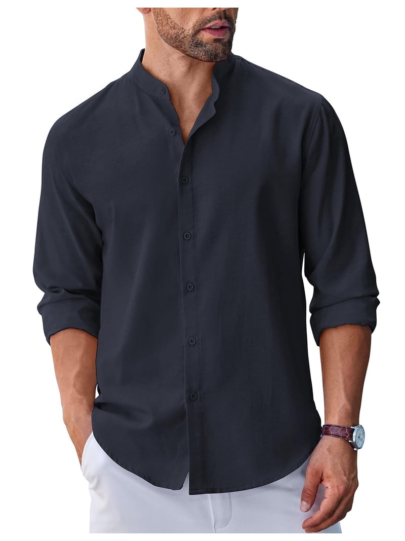 blue dress shirt walmart COOFANDY Men's Long Sleeve Oxford Shirts Chambray Button Down Casual Band Collar Shirts Color:Black & Gold