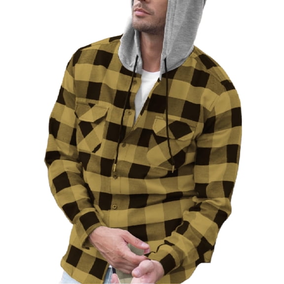 Coshow Men's Long Sleeve Plaid Hooded Jacket Casual Flannel Shirt Button Down Shirts