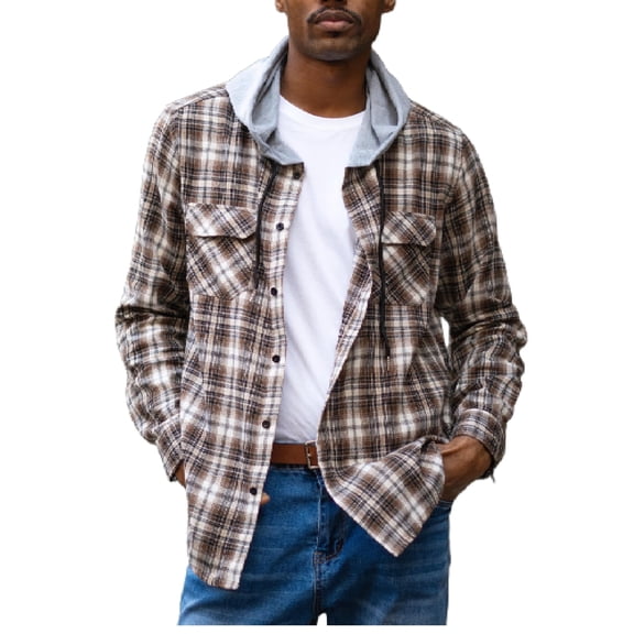 Coshow Men's Long Sleeve Plaid Hooded Jacket Casual Flannel Shirt Button Down Shirts