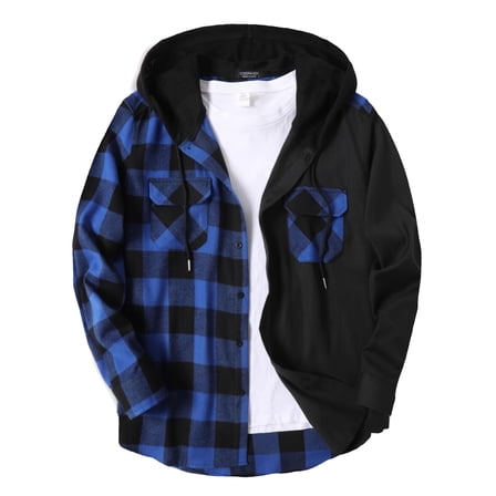 Coshow Men's Long Sleeve Plaid Hooded Jacket Casual Flannel Shirt Button Down Shirts