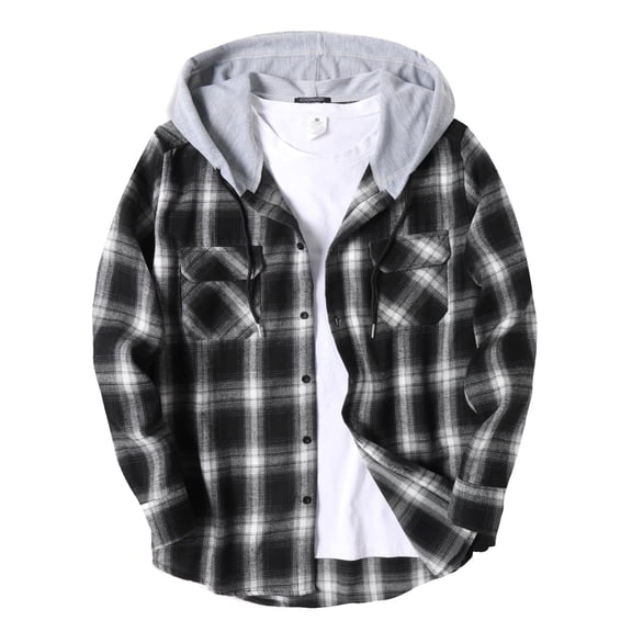 Coshow Men's Long Sleeve Plaid Hooded Jacket Casual Flannel Shirt Button Down Shirts