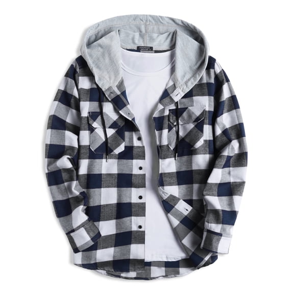 Coshow Men's Long Sleeve Plaid Hooded Jacket Casual Flannel Shirt Button Down Shirts