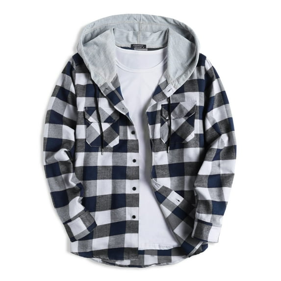 Coshow Men's Long Sleeve Plaid Hooded Jacket Casual Flannel Shirt Button Down Shirts