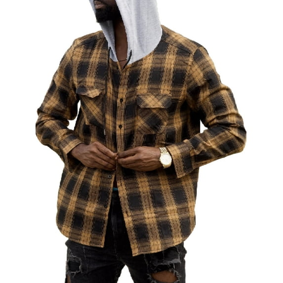 Coshow Men's Long Sleeve Plaid Hooded Jacket Casual Flannel Shirt Button Down Shirts