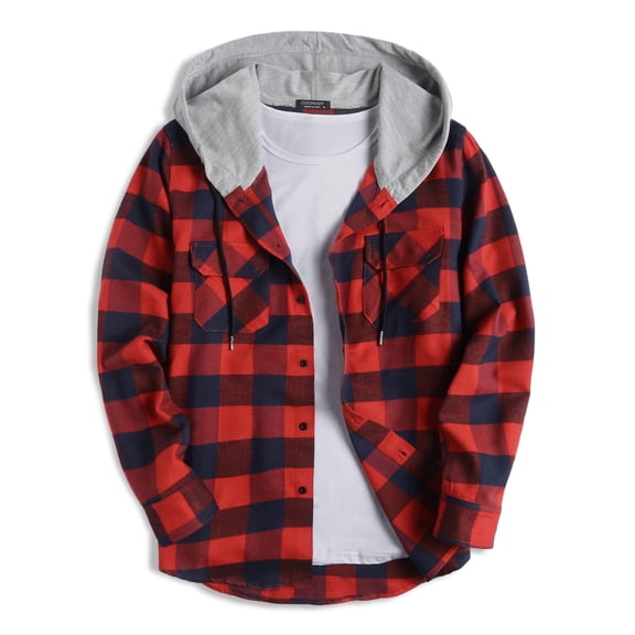 Coshow Men's Long Sleeve Plaid Hooded Jacket Casual Flannel Shirt Button Down Shirts