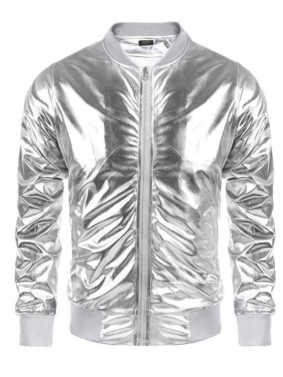 Men's Metallic Jacket 70s 80s 90s Disco Dance Party Costume Shiny Varsity Zipper Baseball Bomber Jacket