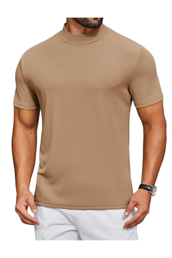 Mens Mock Turtle Neck Shirts Ribbed Short Sleeve Pullover Tops Basic Layered T-Shirts
