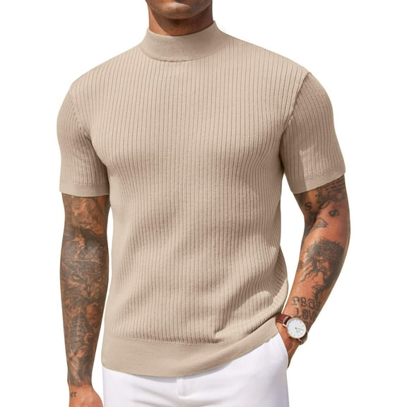 COOFANDY Men's Short Sleeve Mock Turtleneck Sweater - Ribbed Knit Solid Casual Basic Pullover Tee