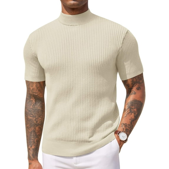 COOFANDY Men's Short Sleeve Mock Turtleneck Sweater - Ribbed Knit Solid Casual Basic Pullover Tee