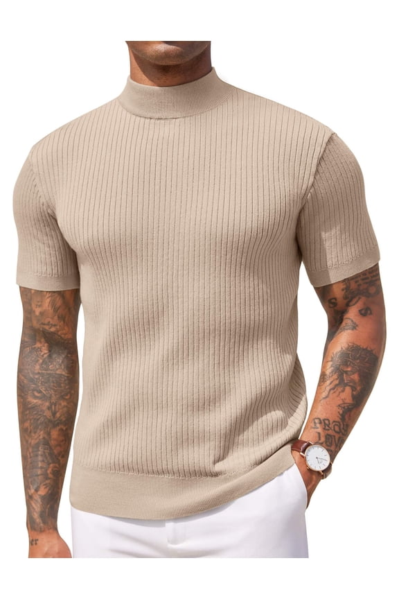 Men's Short Sleeve Mock Turtleneck Sweater - Ribbed Knit Solid Casual Basic Pullover Tee