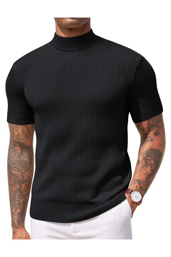 Men's Short Sleeve Mock Turtleneck Sweater - Ribbed Knit Solid Casual Basic Pullover Tee