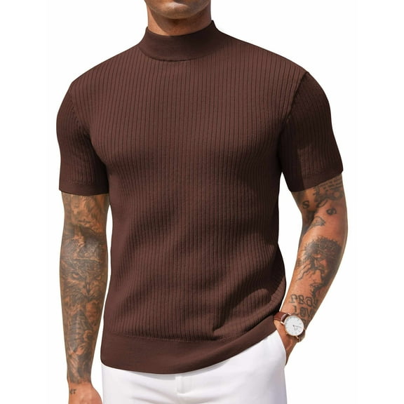 COOFANDY Men's Short Sleeve Mock Turtleneck Sweater - Ribbed Knit Solid Casual Basic Pullover Tee
