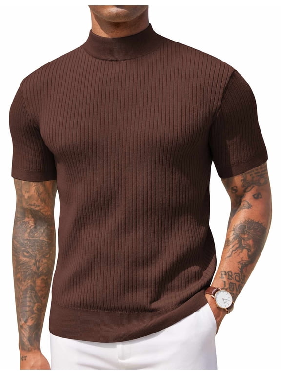 Men's Short Sleeve Mock Turtleneck Sweater - Ribbed Knit Solid Casual Basic Pullover Tee