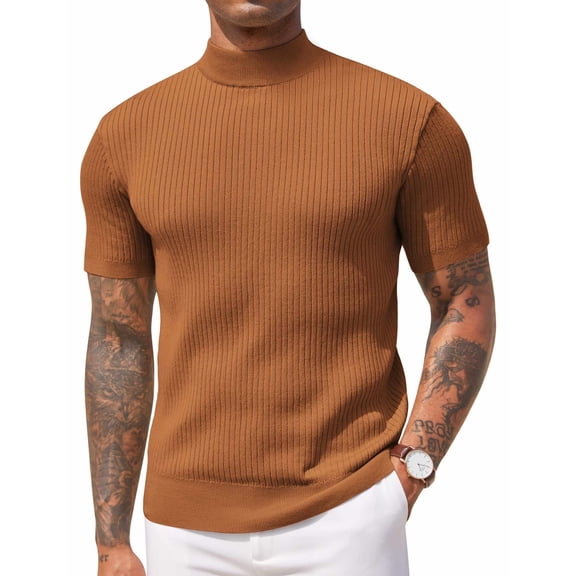 COOFANDY Men's Short Sleeve Mock Turtleneck Sweater - Ribbed Knit Solid Casual Basic Pullover Tee